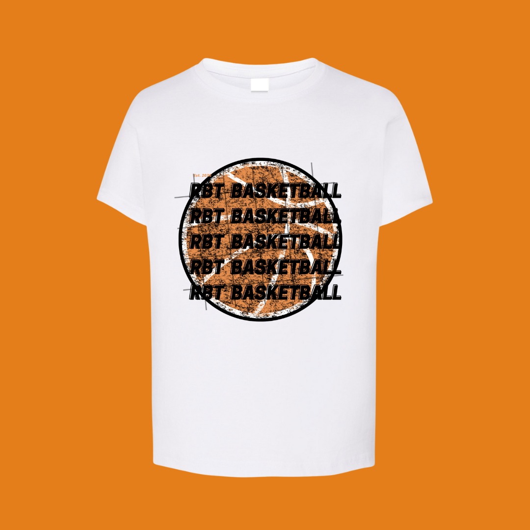 camiseta infantil blanca rbt basketball repeat, para amantes del baloncesto