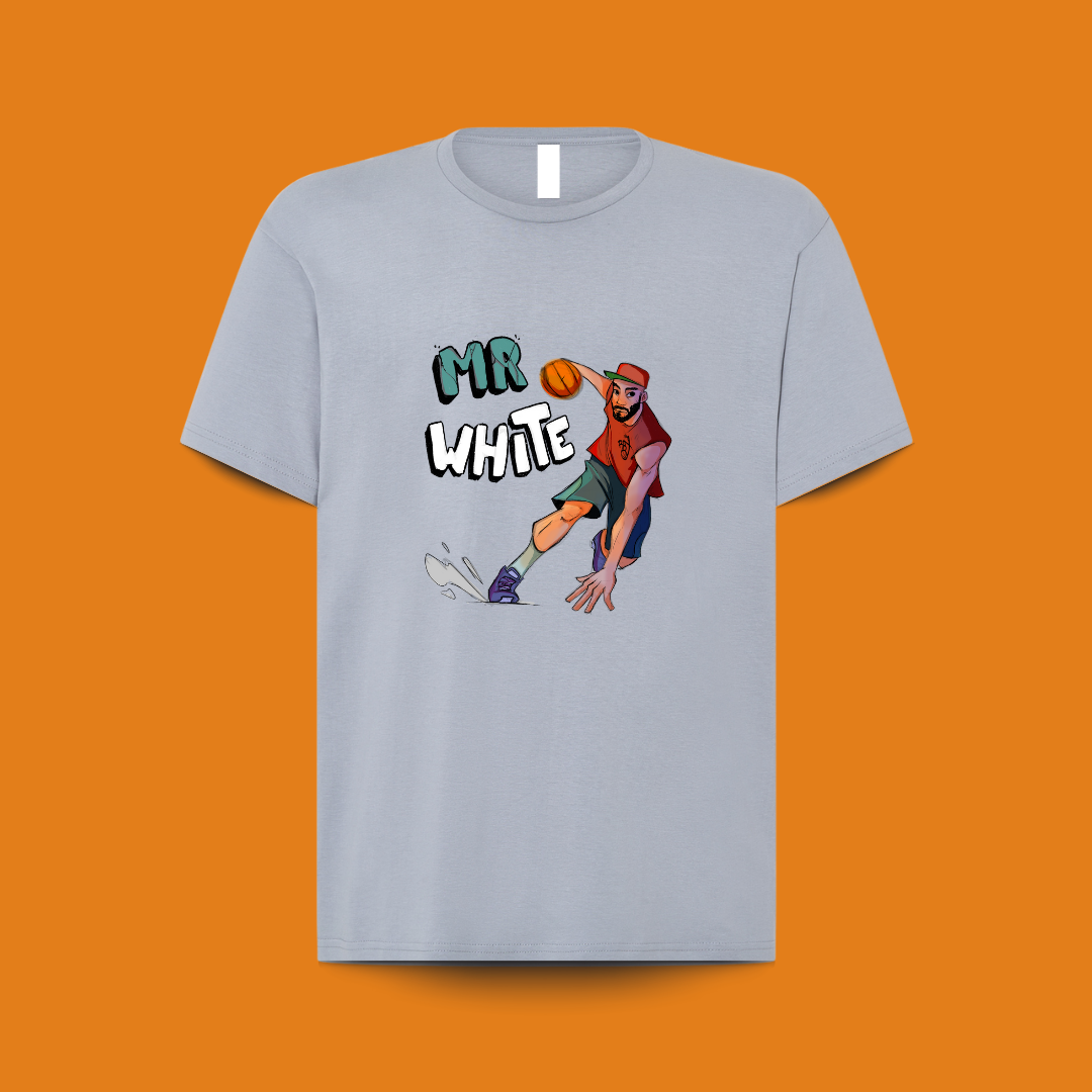 camiseta 100% algodón color silver diseño mr.white pecho, para amantes del baloncesto