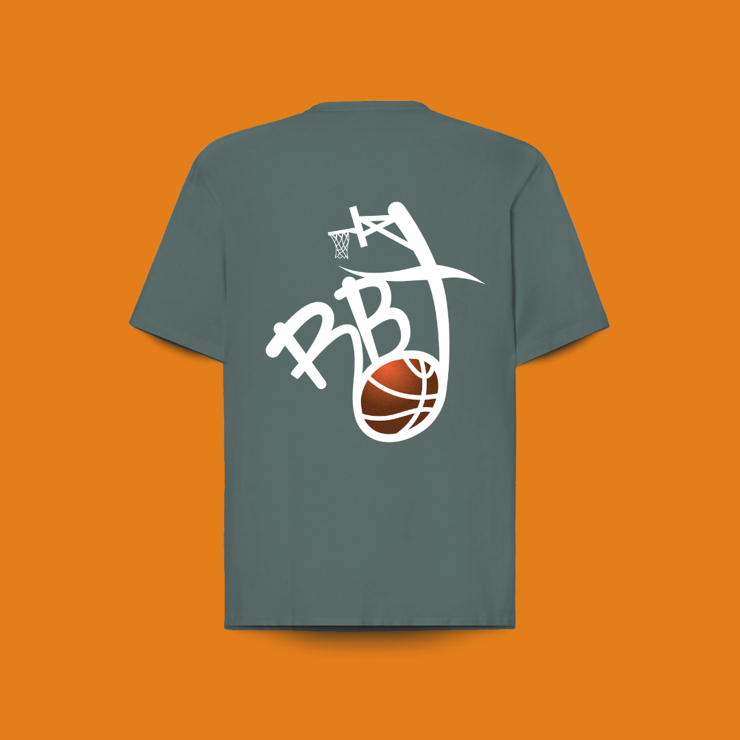 camiseta oversize teal, diseño origen en la espalda, para amantes del baloncesto